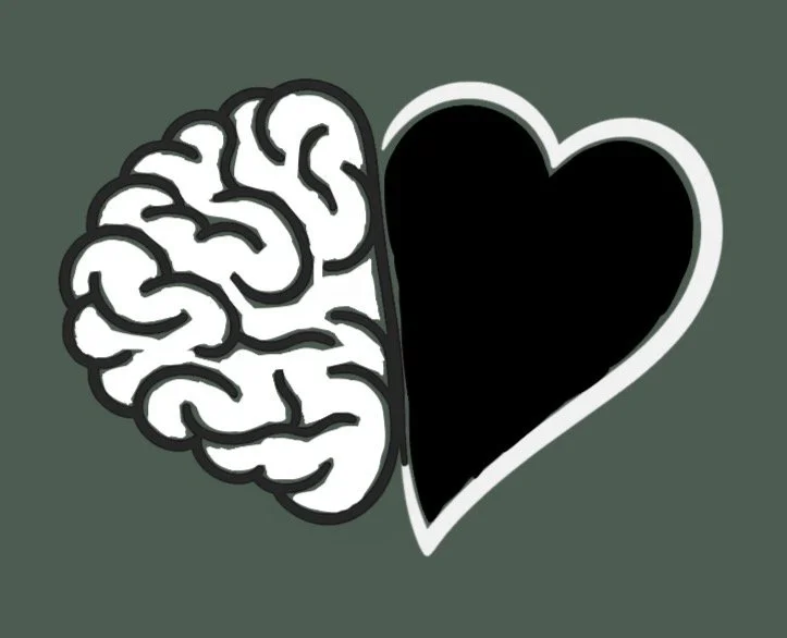 A graphic illustration showing a brain on the left side and a heart on the right side, with both parts joined together.