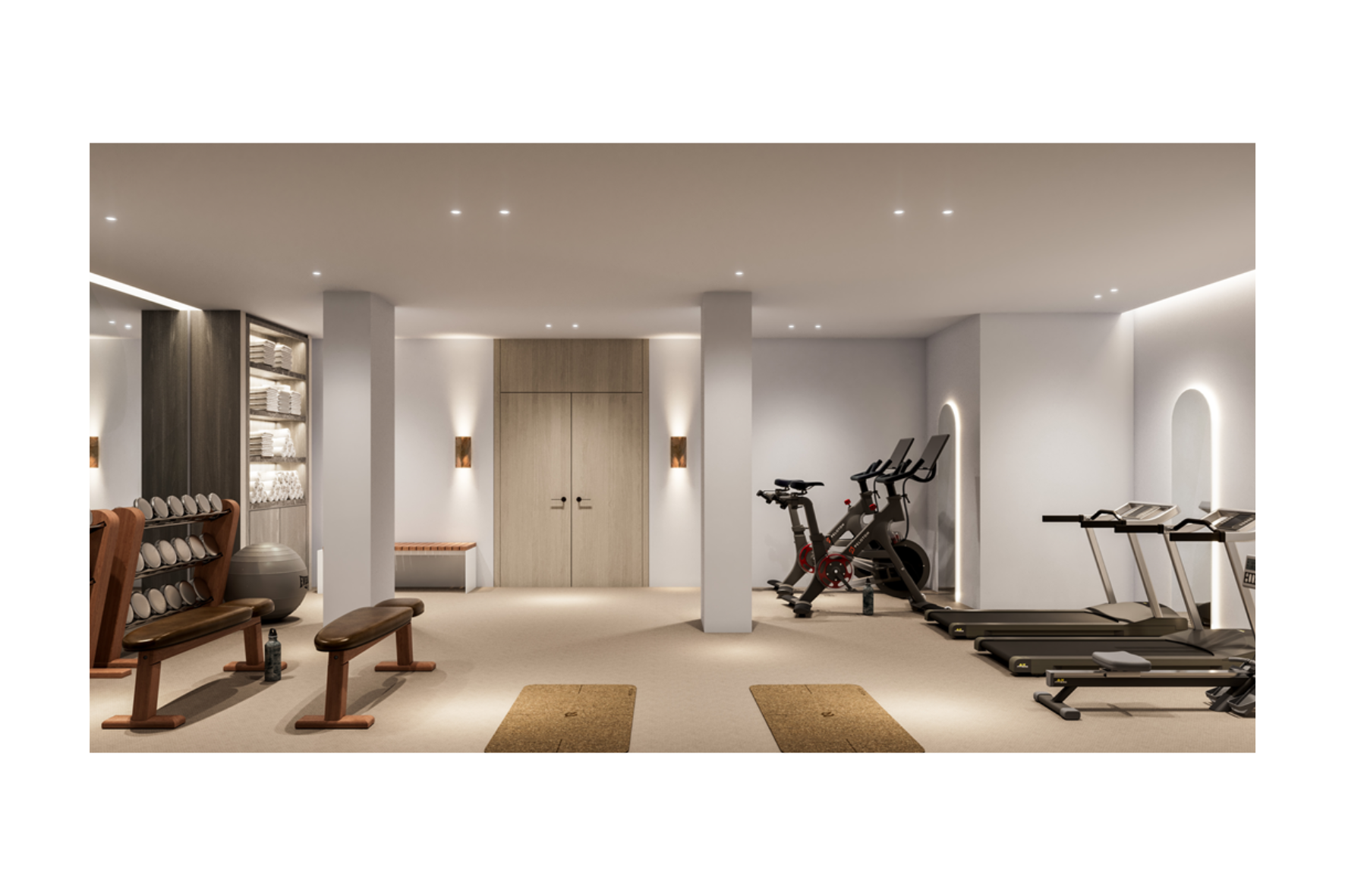 Modern gym with exercise bikes, treadmills, and weight racks in a minimalistic room with white walls and warm lighting.