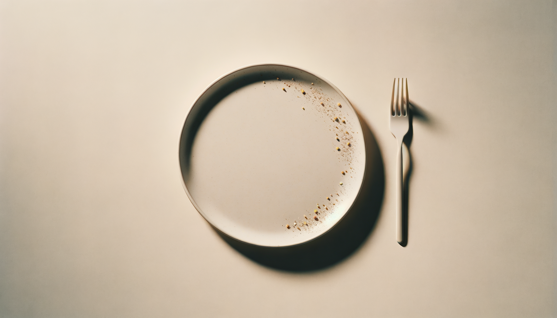 Empty white plate with scattered crumbs and a fork placed to the right on a beige surface.