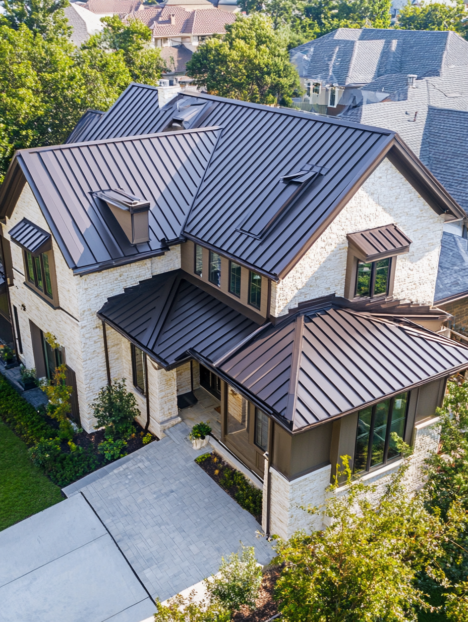 New dark metal roof installation on a brick home in Fernandina Beach.