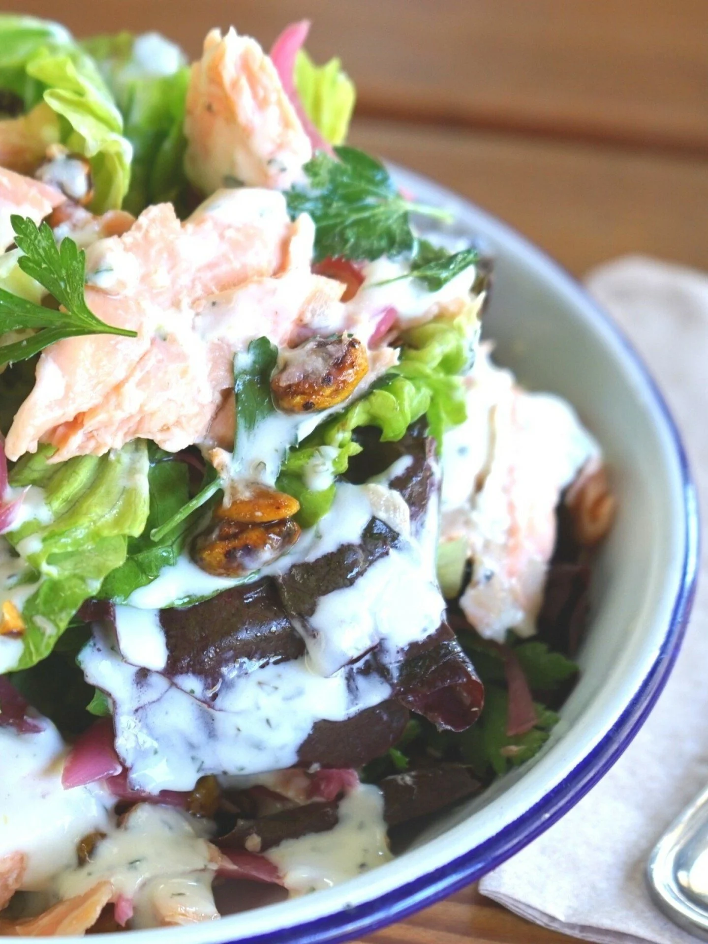 The Monterrey Trout salad just changed it's clothes and now features roasted beets, ancho and sesame candied walnuts, and Charred Meyer Lemon and cr&egrave;me fraiche dressing. 

🍋 The  dressing is made from charred pulp, zest, and juice from local 