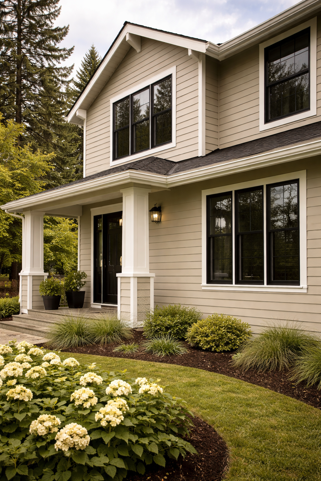 Exterior of a two-story beige house with black-framed windows, a front porch with potted plants, surrounded by landscaped garden with flowers, shrubs, and trees, on a cloudy day.