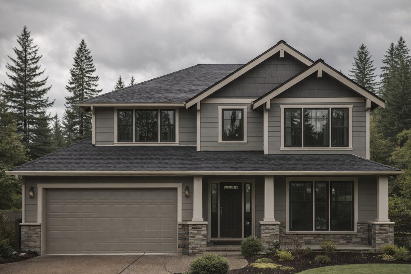A two-story gray house with a covered porch, black front door, and large windows, surrounded by trees and a landscaped yard.