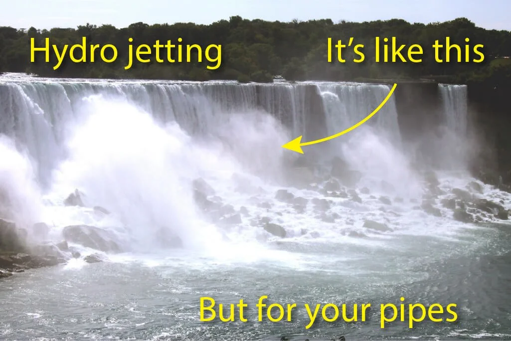 Giant waterfalls; rushing water symbolizes power of hydro jetting