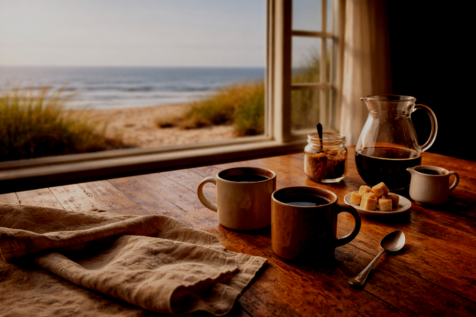 Cozy breakfast setup with two coffee mugs, a jar of brown sugar, a small pitcher of creamer, a glass pitcher of coffee, sugar cubes on a plate, a spoon, and a towel, with a view of the beach and ocean through a window.