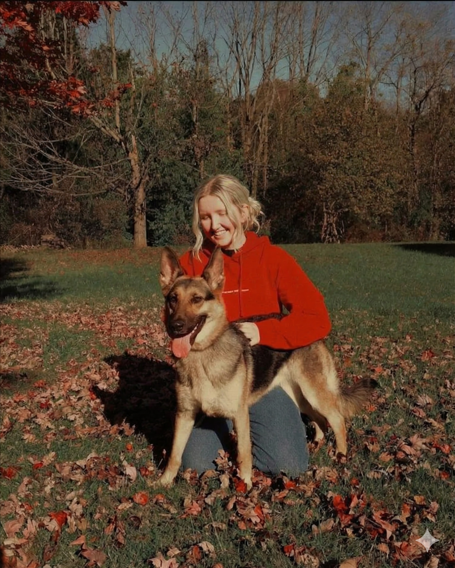 A young woman with blonde hair in a red hoodie kneels on the grass with colorful fallen autumn leaves, smiling and hugging a large tan and black dog with pointed ears and a happy expression.