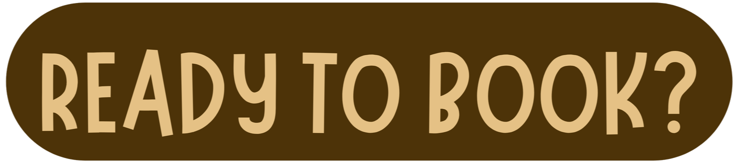 A brown oval sign with the text "READY TO BOOK?" in beige letters.