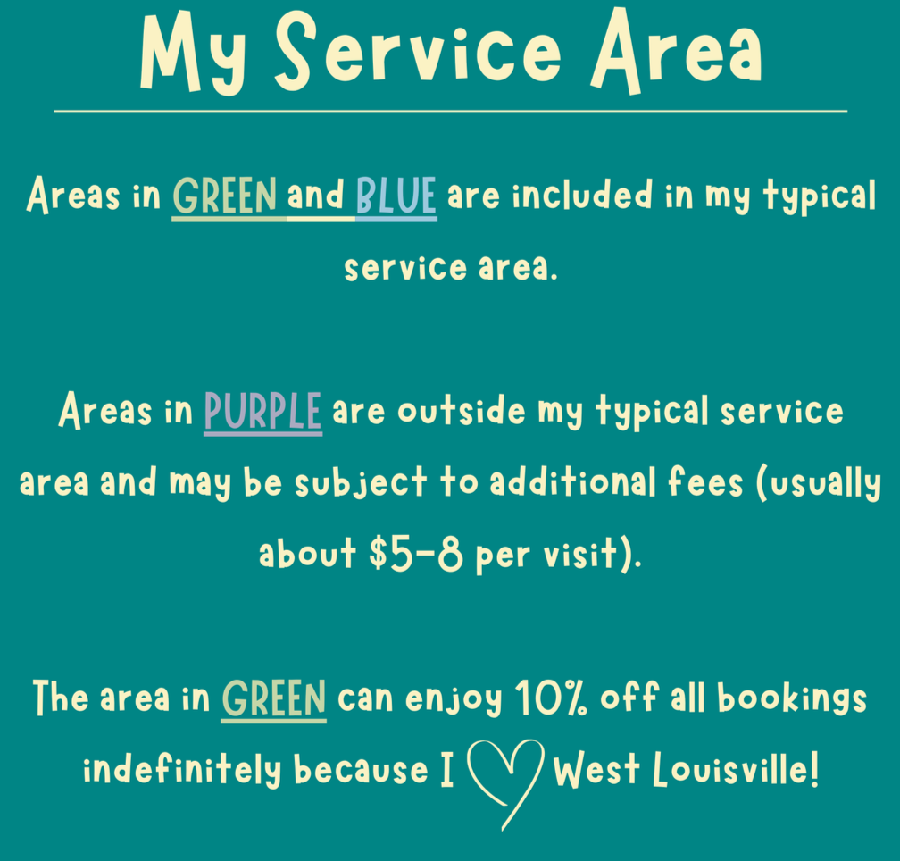 A colorful sign titled "My Service Area" explaining areas in Louisville served, including New Albany, Old Louisville, Shively, St Matthews, Clifton, Highlands, South Louisville, Downtown, and more. West Louisville residents may enjoy 10% off forever.