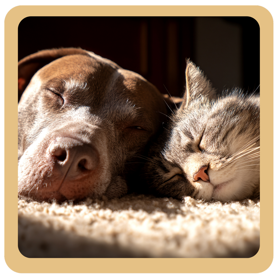 A dog and a cat sleeping side by side on a beige carpet, bathed in warm sunlight.