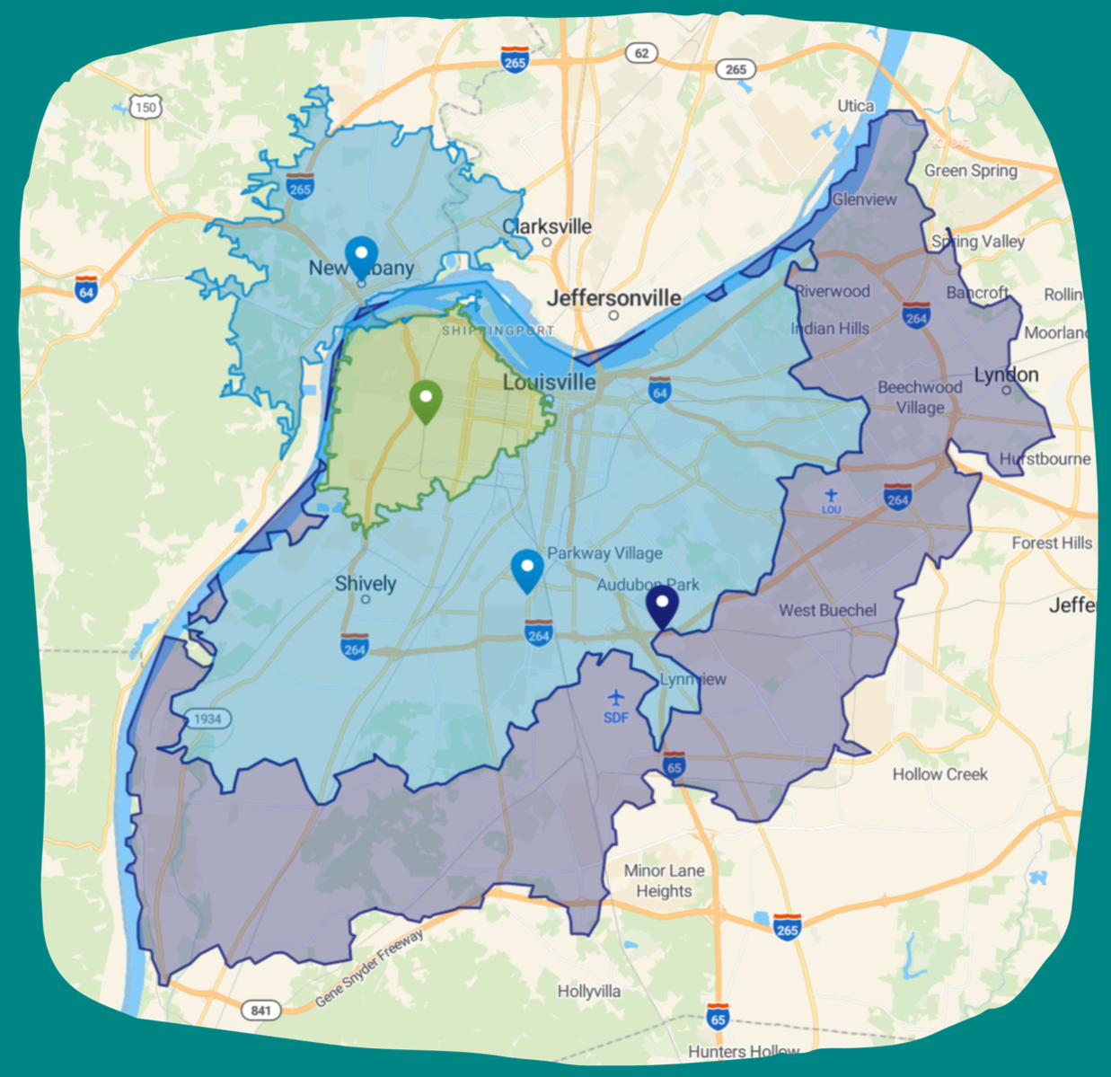 Map of Louisville, Kentucky and surrounding areas with color-coded boundaries and four location markers in green, blue, dark blue, and navy blue.