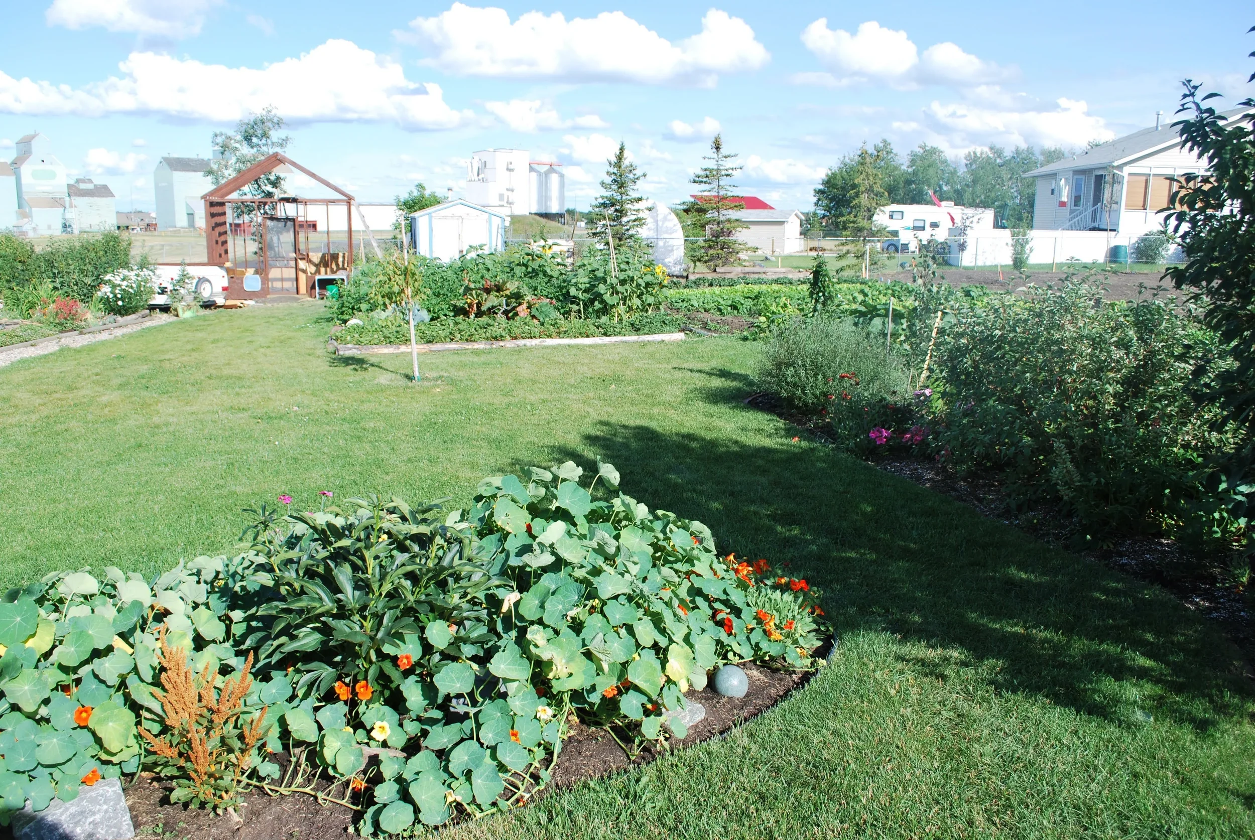 A lush green garden with flower beds and a small greenhouse, grass lawn, houses, trees, and blue sky with clouds in the background.