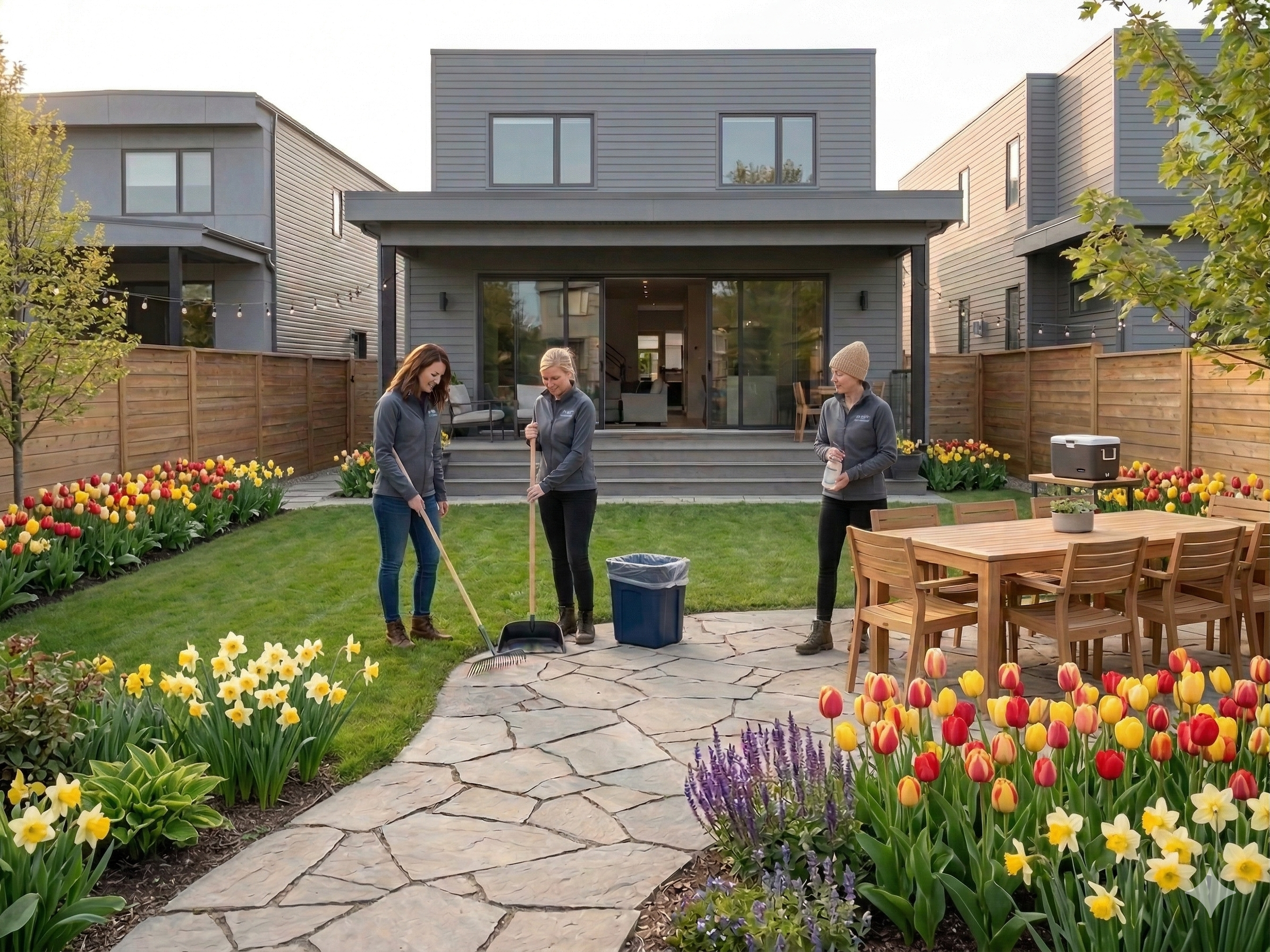 Three women in jackets raking leaves on a backyard patio with a house in the background, surrounded by colorful tulips and other flowers.