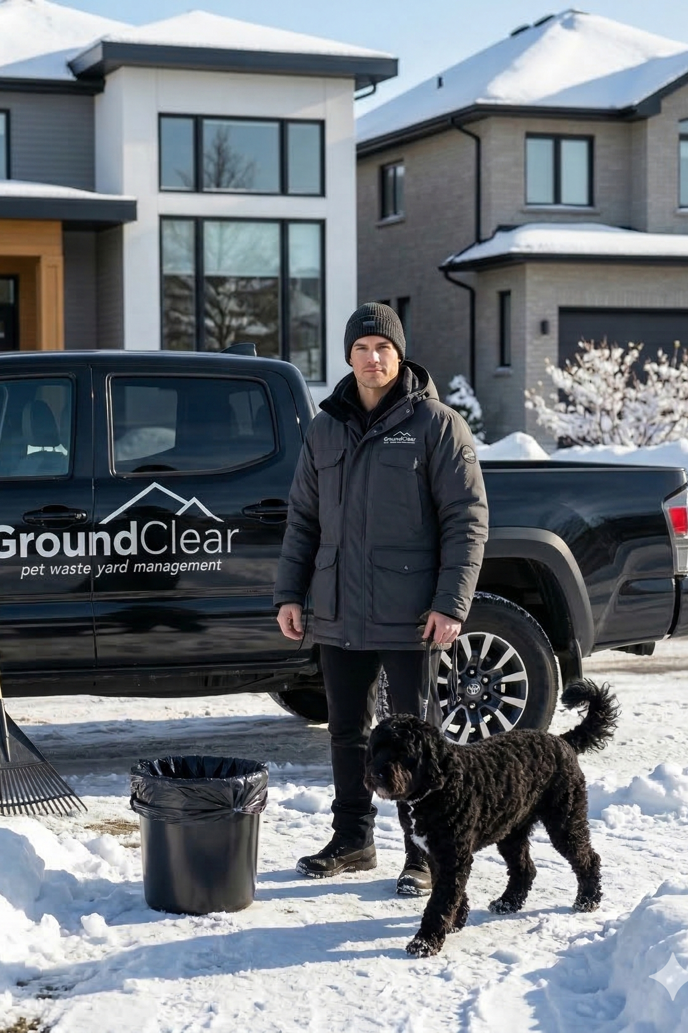 A man in winter clothing standing outdoors in the snow, holding a leash attached to a black curly-haired dog, next to a truck with the logo 'GroundClear pet waste yard management,' in front of modern houses.