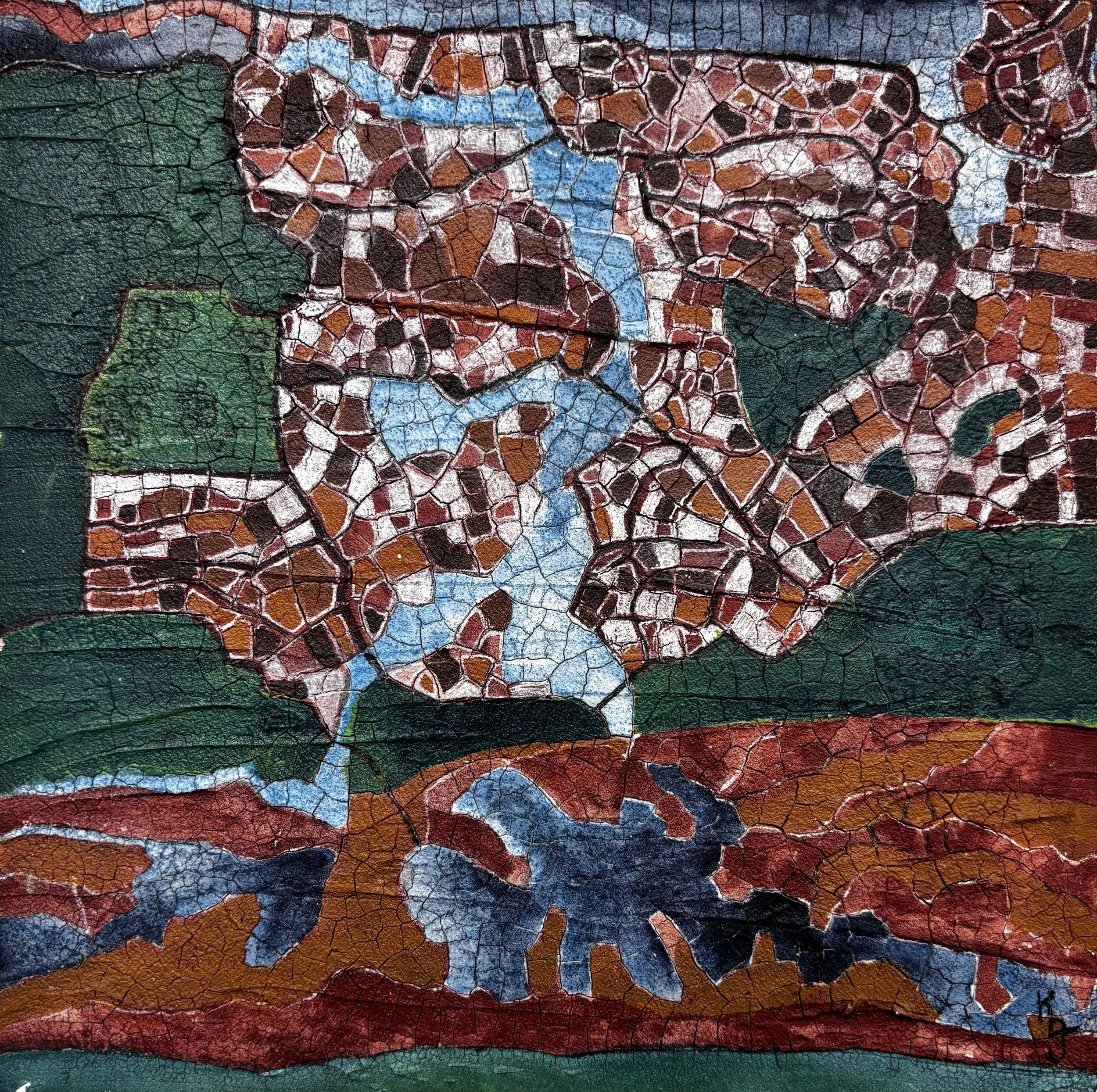 European City - Acrylic and Crackle Paste on wood - 8x8 - $100