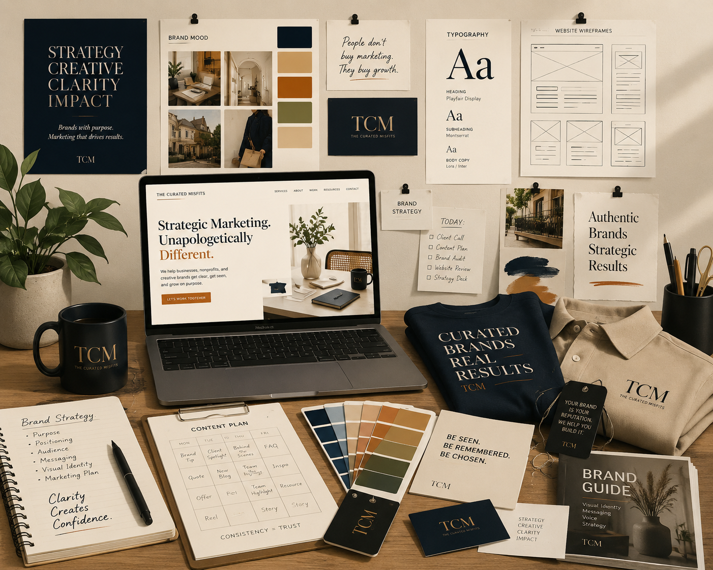 A workspace with a laptop, coffee mug, notebooks, color swatches, and branded apparel, surrounded by various posters and notes about branding and marketing strategy on a wall.