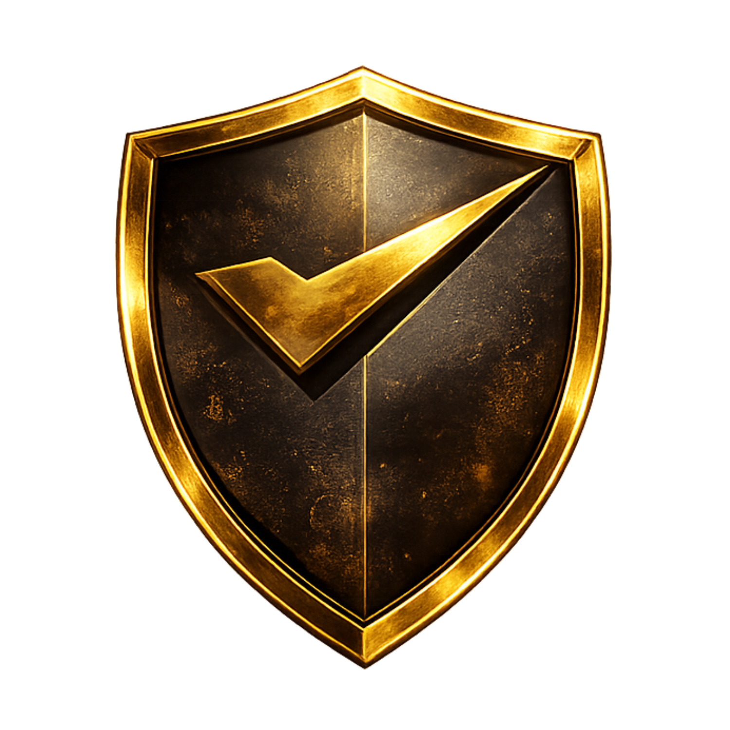 A shield emblem with a black and gold design, featuring a gold check mark in the center.