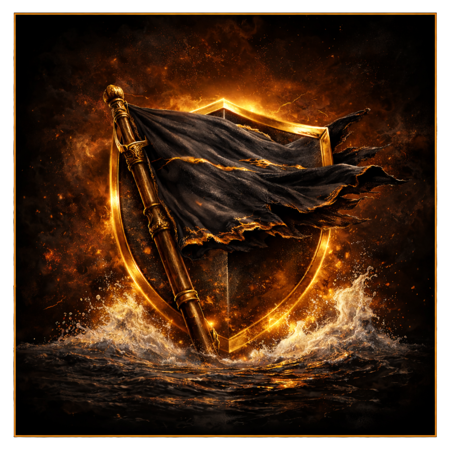 A black tattered flag on a golden pole with ornate designs, set against a fiery background with a glowing shield outline and turbulent waters.