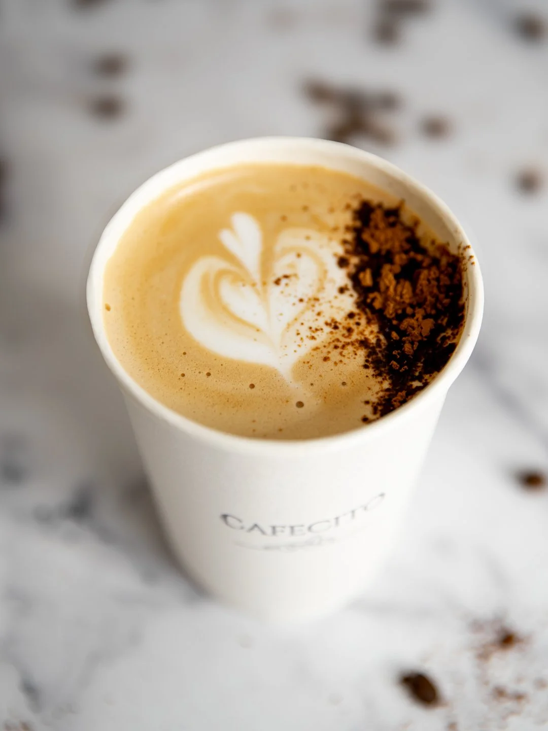 A hot mocha latte, with latte art and cocoa powder on top on a white surface with scattered coffee beans.