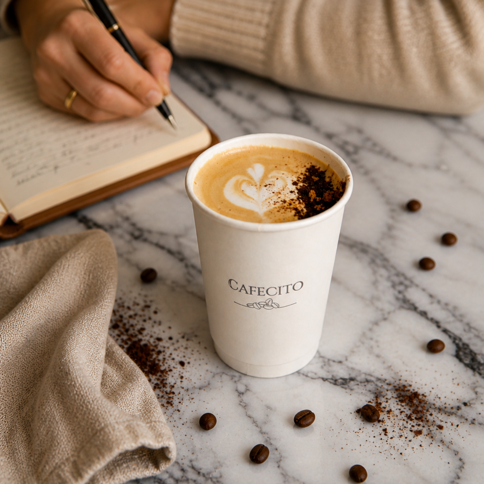 A mocha latte that has latte art and a sprinkle of cocoa powder on top, placed on a marble surface surrounded by scattered coffee beans and cocoa powder, with a hand writing in a notebook in the background.