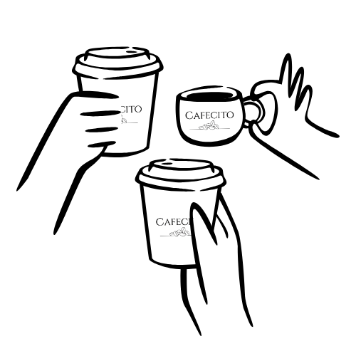 Silhouette of 3 hands holding up coffee cups labeled CAFECITO.