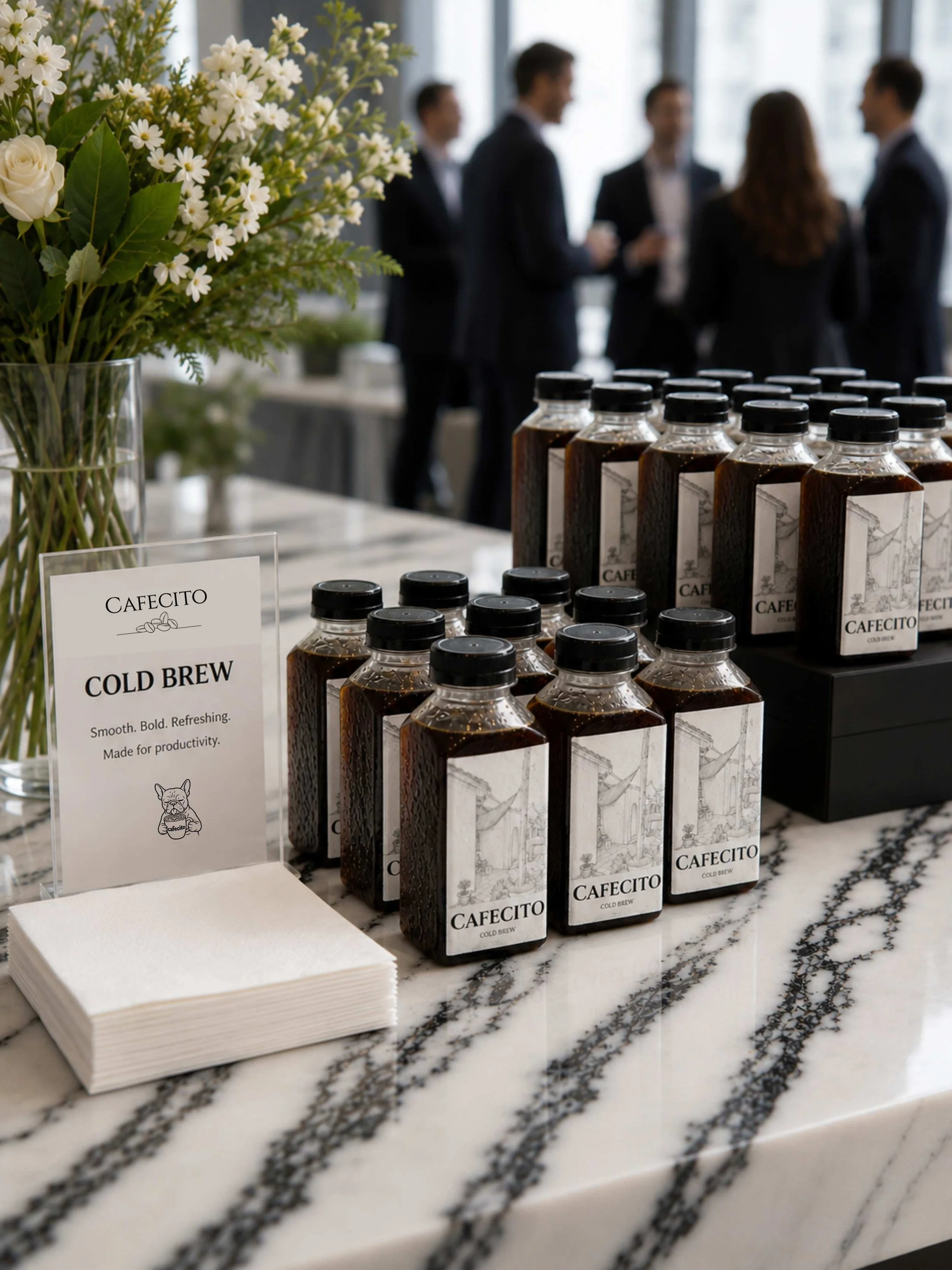 A table with bottles of cold brew coffee labeled 'CAFECITO' and a small sign describing it as smooth, bold, and refreshing. There is a vase of white flowers and a stack of white napkins on the table. In the background, a group of people in business attire are conversing near large windows.