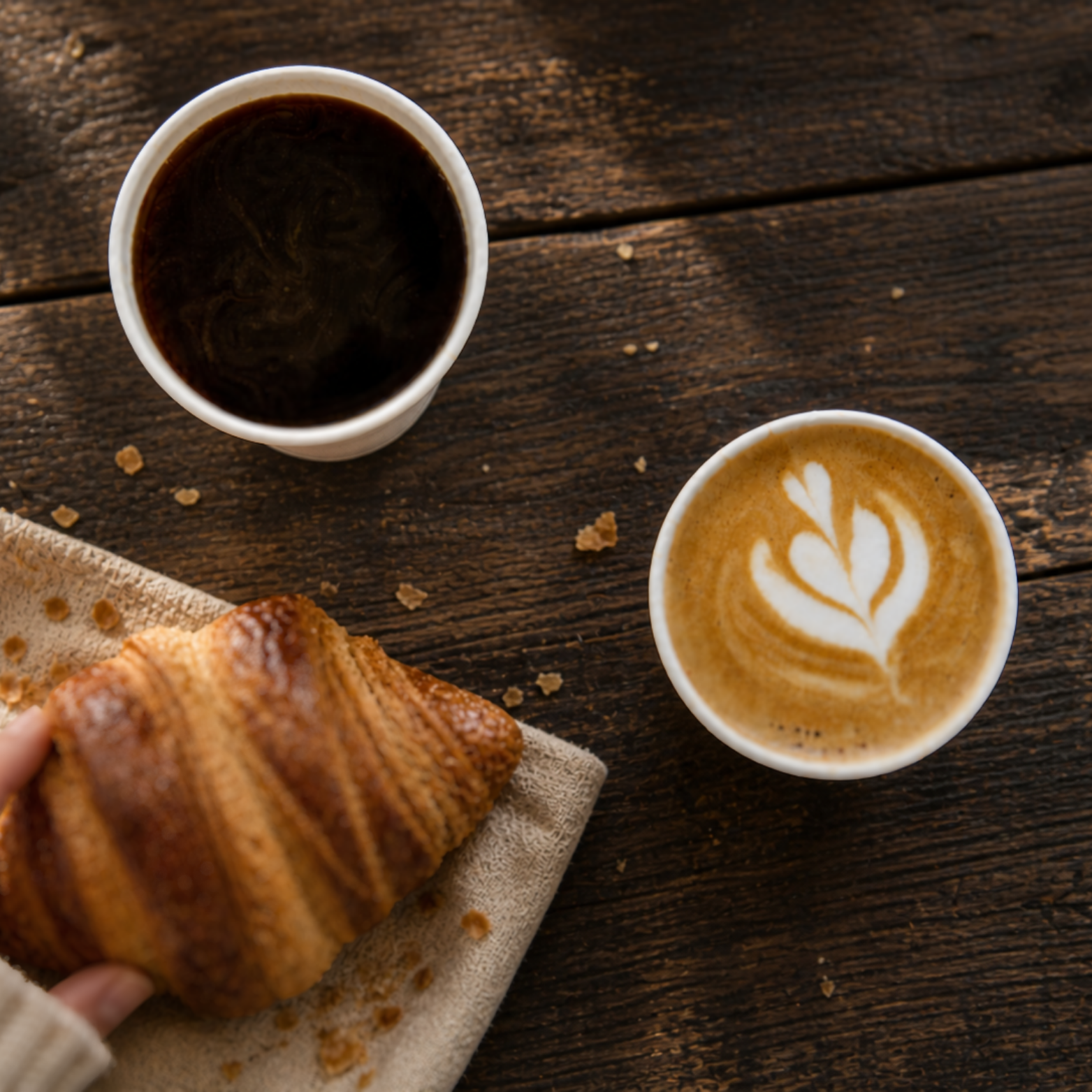 A top-down view of a wooden table with two cups of coffee, one black and one with a latte art heart, and a croissant on a beige napkin.