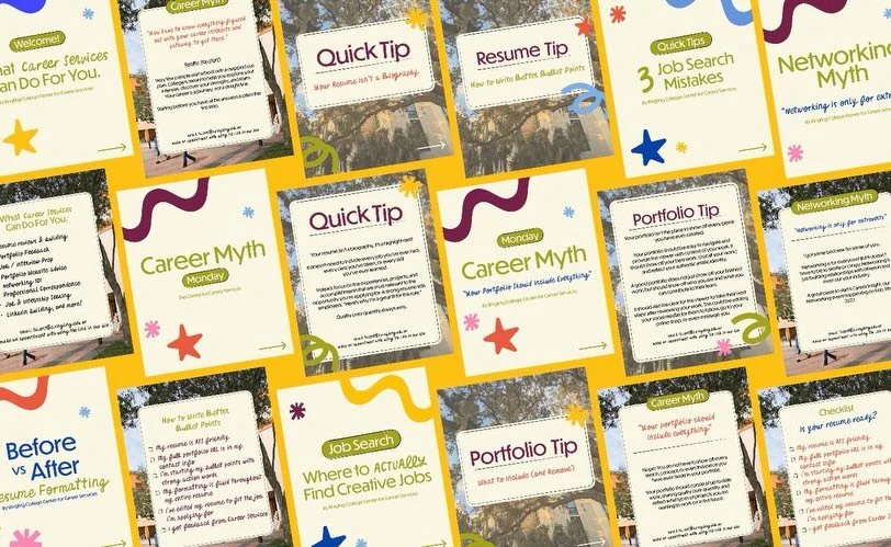 A little look at a social media design system I created for Ringling College&rsquo;s Center for Career Services !!

I developed a playful, colorful visual language for career tips, resume advice, networking, job searching, and more&mdash;all designed