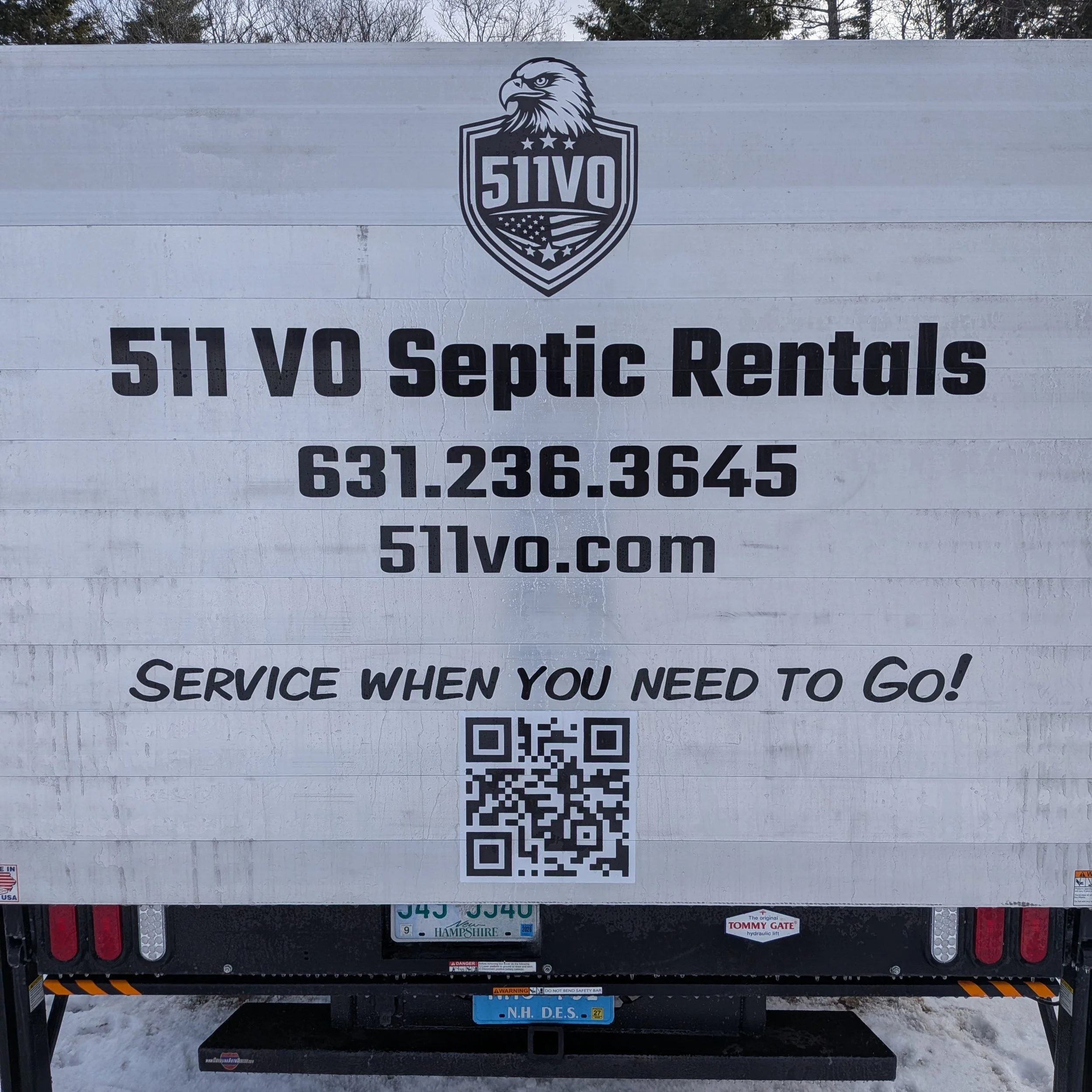 Sign for 511 VO Septic Rentals with contact information, website, and a QR code, featuring an eagle logo at the top.
