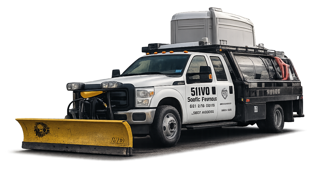 A snow plow truck with a yellow blade in front, black and white body, small emergency lights, and large equipment on top, parked on a street at night.