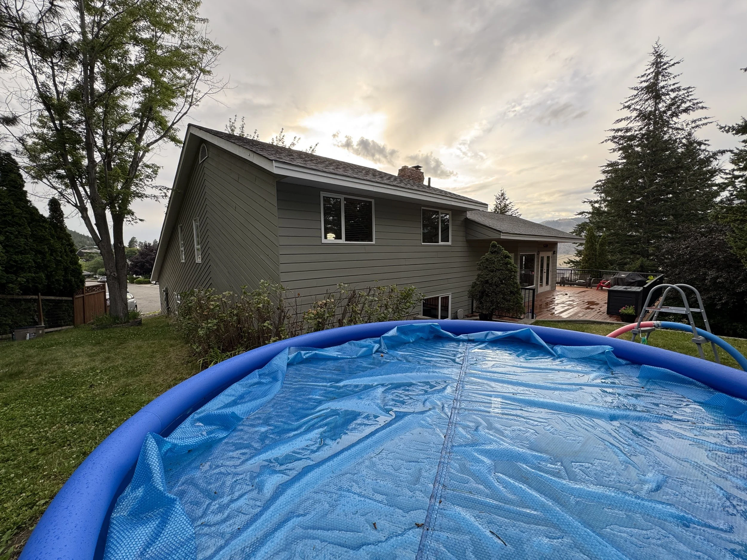 Backyard with above-ground blue swimming pool, wooden deck, and green trees, house in the background with cloudy sky.