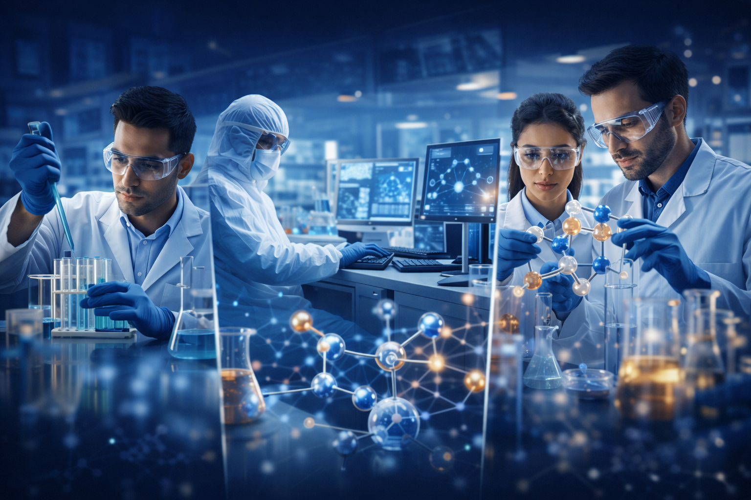 Científicos trabajando en un laboratorio con monitores que muestran datos científicos y moléculas en modelos 3D.