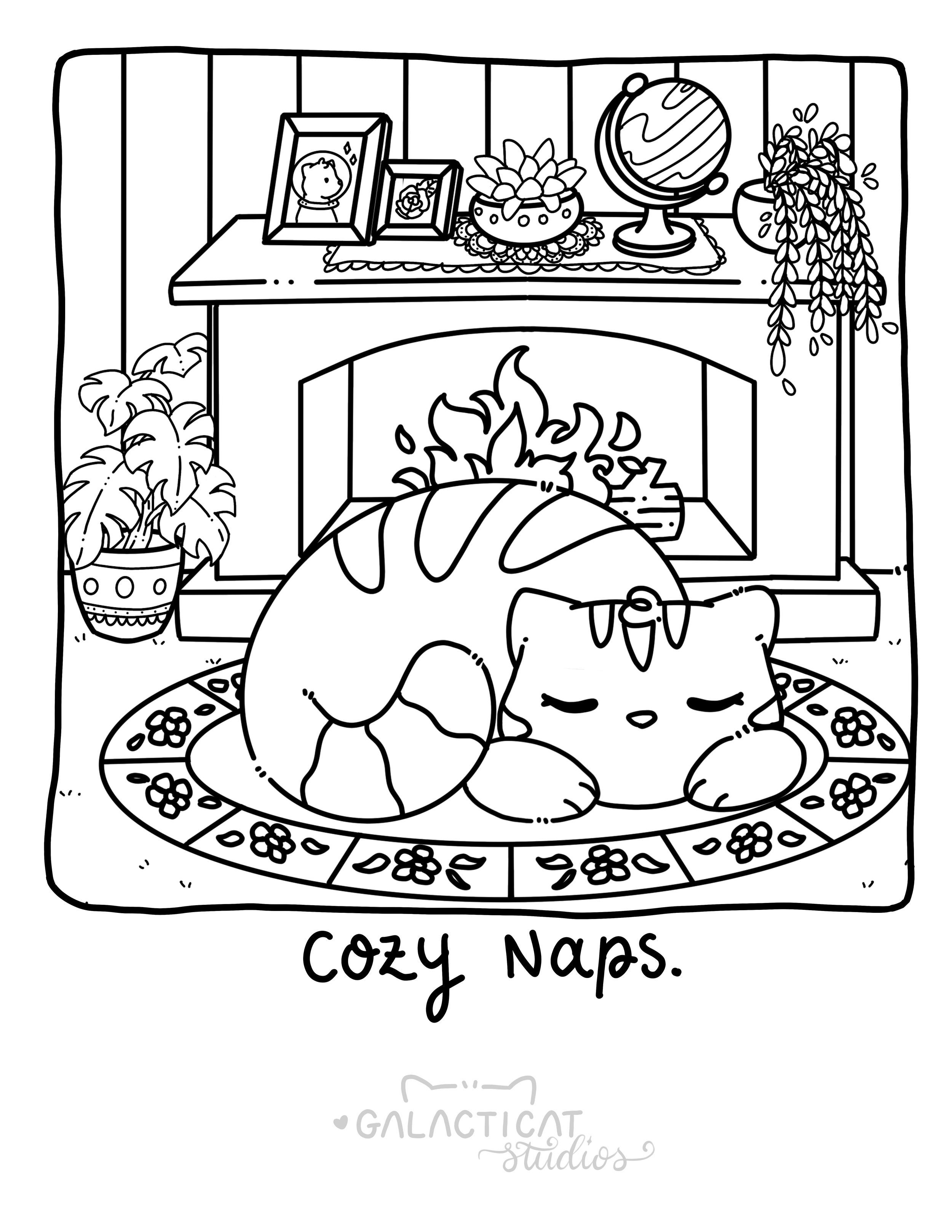 Black and white poster featuring a minimalist design with a small logo at the bottom that reads 'Galactic Studios' with a stylized cat face.
