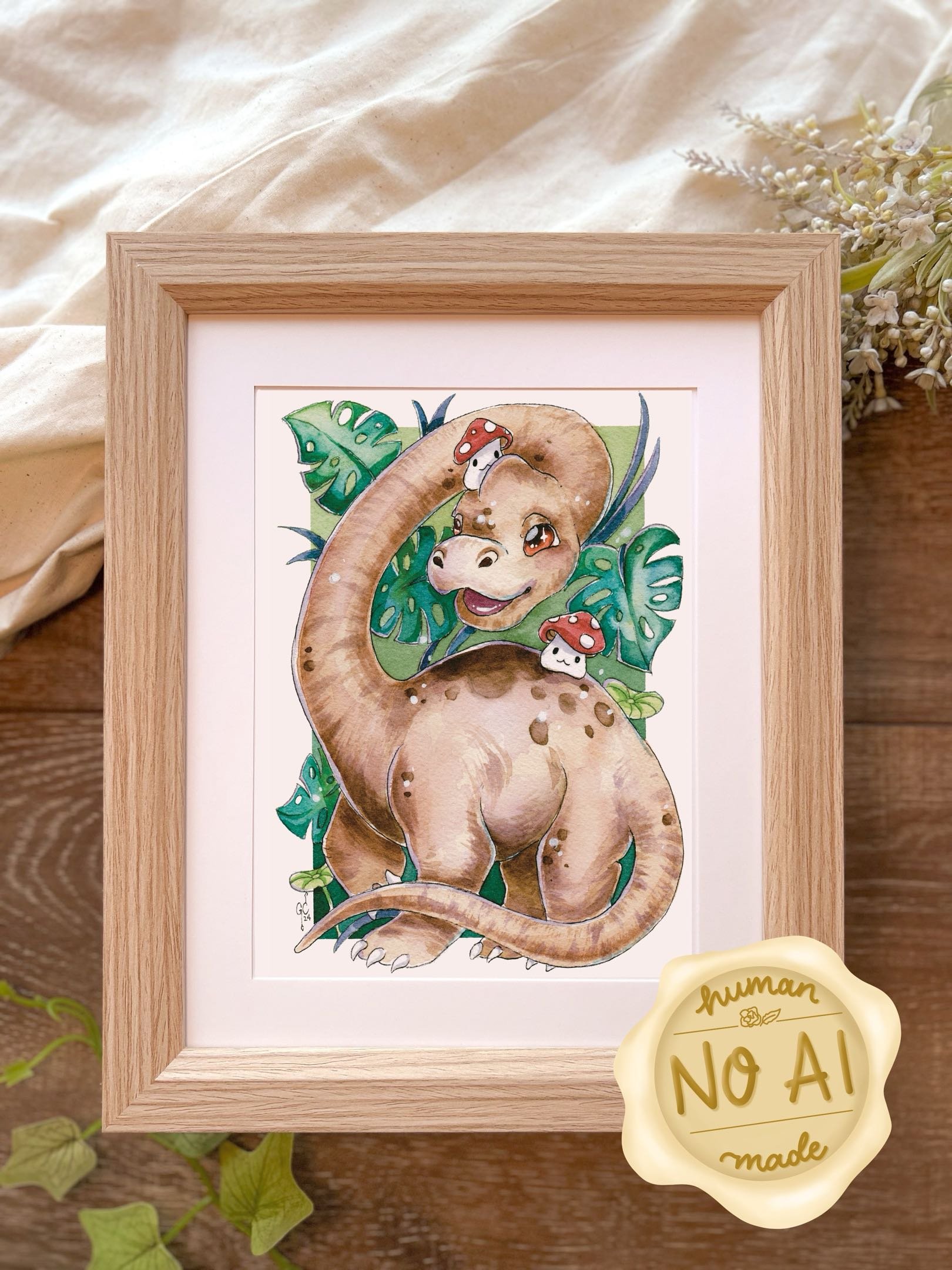 Cartoon Dinosaur and Monstera Leaf