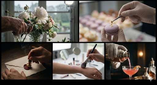 Différents éléments liés à la fabrication de fleurs en céramique et à la pâtisserie, incluant des fleurs, un macarons, des objets de pâtisserie, une main appliquant du maquillage, et une main versant un cocktail.