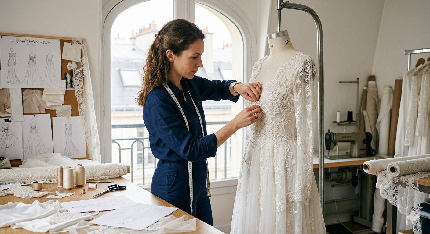 Créatrice de mode ajustant une robe de mariée sur un mannequin dans un atelier de couture avec plans et tissus autour.
