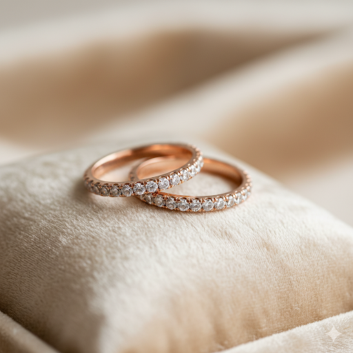 Deux alliances en or rose avec des pierres précieuses, posées sur un coussin en satin beige.