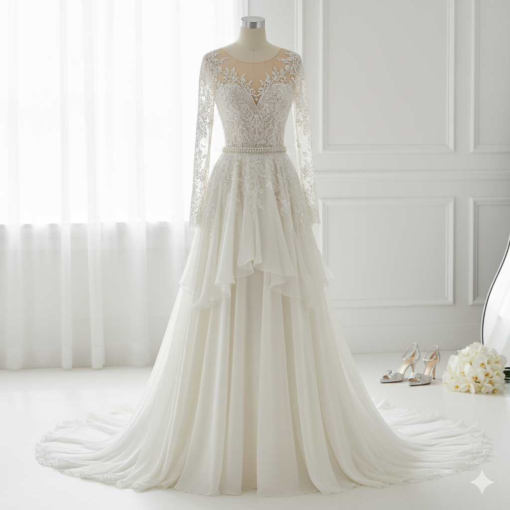 Robe de mariée blanche avec dentelle, mannequin sur fond blanc, accessoires de mariage à côté.