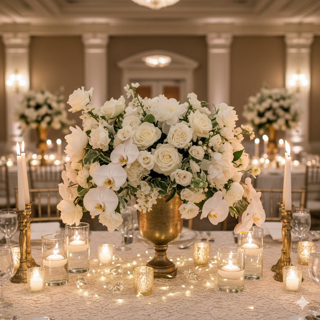 Table décorée avec un grand bouquet de fleurs blanches, bougies et chandeliers en or dans une salle élégante.