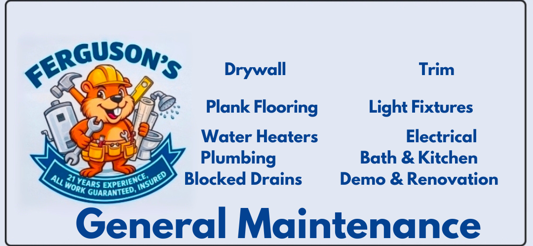 Advertisement for Ferguson's general maintenance services, featuring a cartoon lion mascot with tools, listing services like drywall, trim, plank flooring, and electrical work, and emphasizing 21 years of experience.