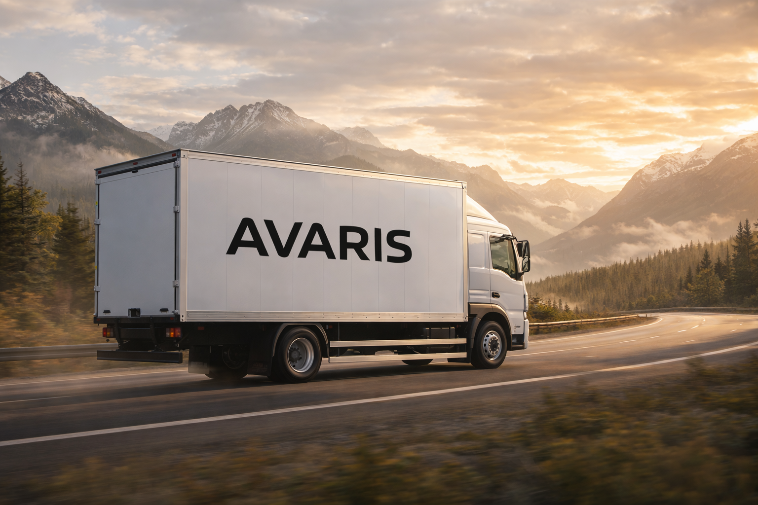 An Avaris white delivery truck with the word AVARIS written on the side driving on a mountain road during sunset, with mountains and trees in the background.