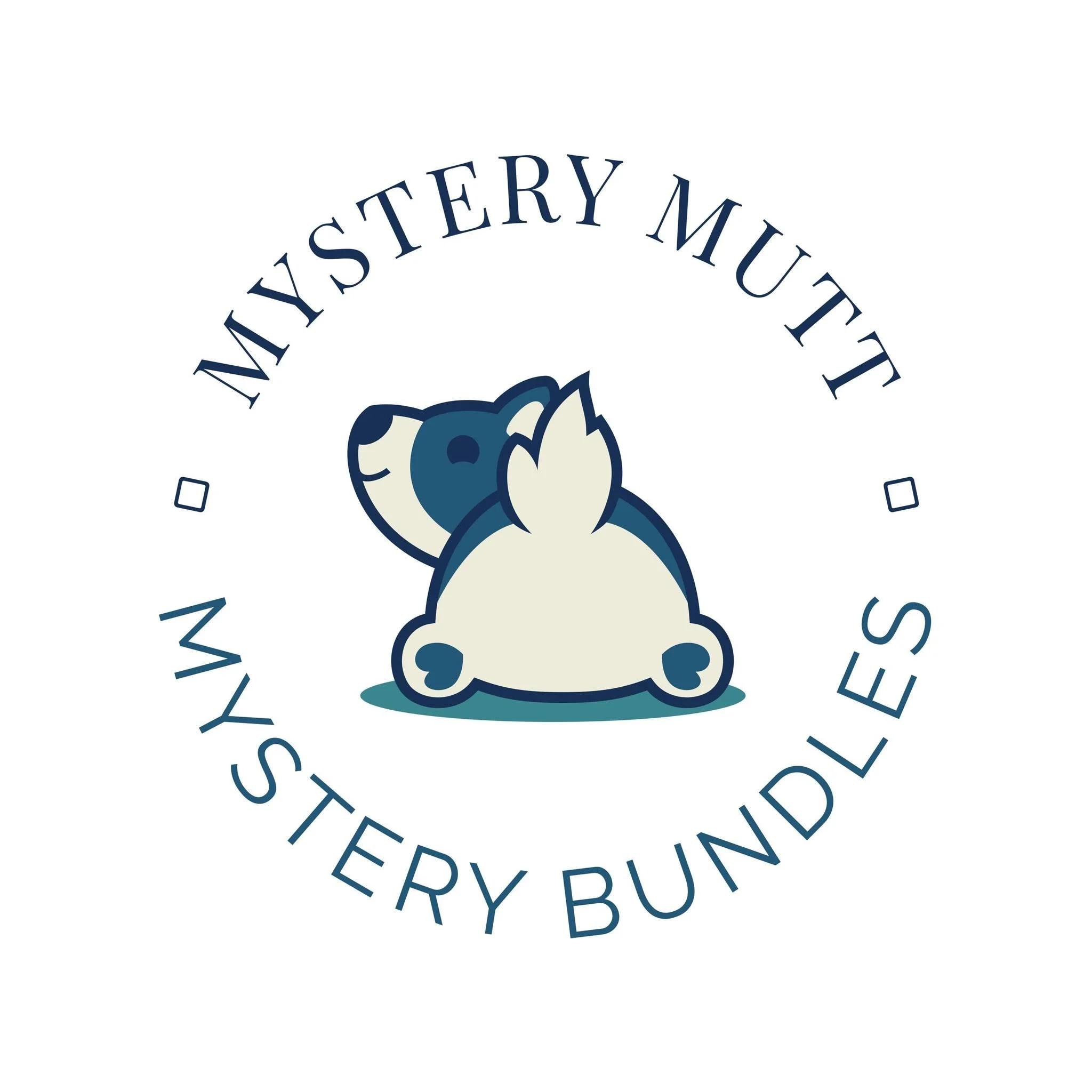 Cute illustration of a dog sitting with its back to the viewer, surrounded by the text 'Mystery Mutt' and 'Mystery Bundles' arranged in an arc.