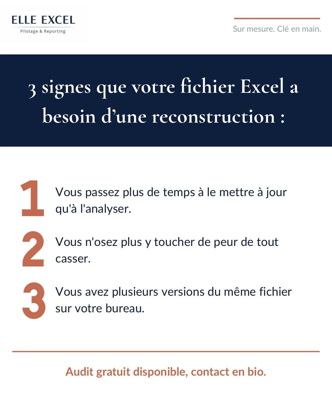 Si vous vous reconnaissez dans l&rsquo;un de ces 3 signes, votre fichier Excel m&eacute;rite mieux.

Je le reconstruis pour vous. Sur mesure. Cl&eacute; en main.

Audit gratuit &mdash; contact en bio.