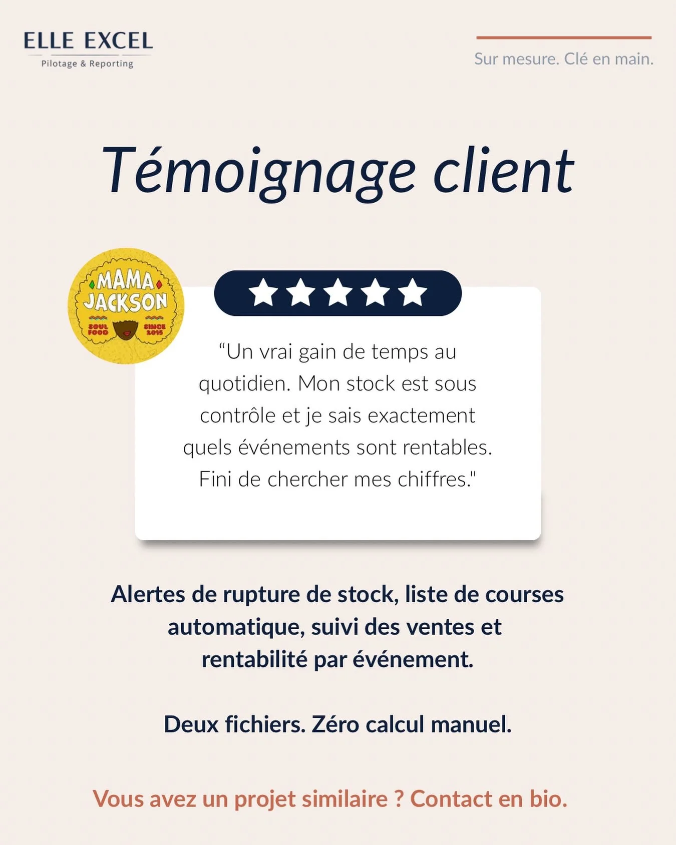 @mamajackson_restaurant c&rsquo;est du soul food, des &eacute;v&eacute;nements, de la passion. Pas des tableaux Excel.

Alors on a construit ensemble deux fichiers qui tournent seuls : stock sous contr&ocirc;le, alertes automatiques, rentabilit&eacut