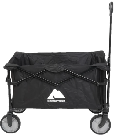 A black Ozark Trail collapsible utility wagon with four wheels and a fabric cargo area.