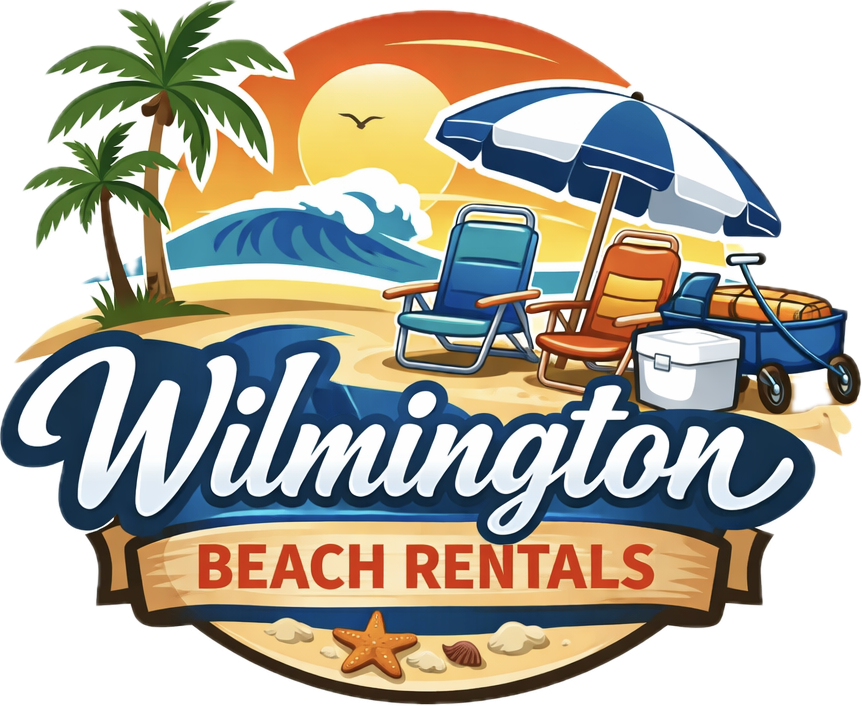 Beach scene with two palm trees, a setting sun, ocean waves, a large umbrella, two beach chairs, a cooler, and a beach wagon. The text reads 'Wilmington Beach Rentals.'