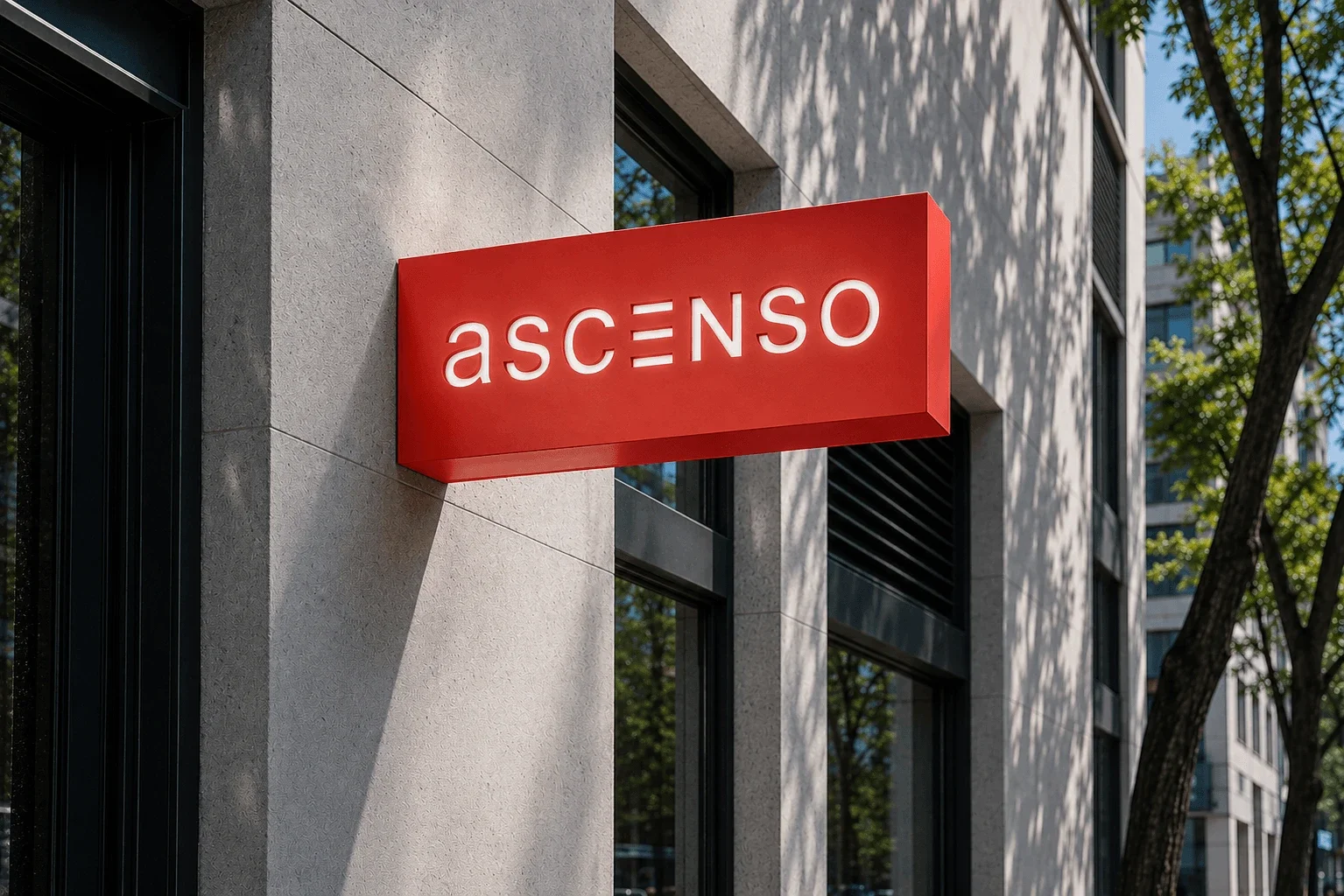 Exterior architectural signage displaying a construction company logo and brand identity.