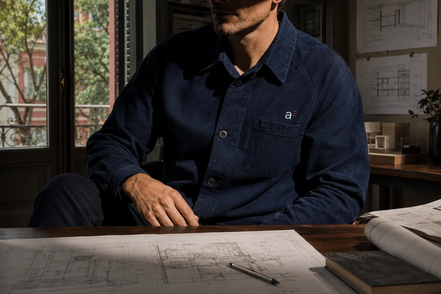 Construction company uniform featuring a contemporary brand identity system.