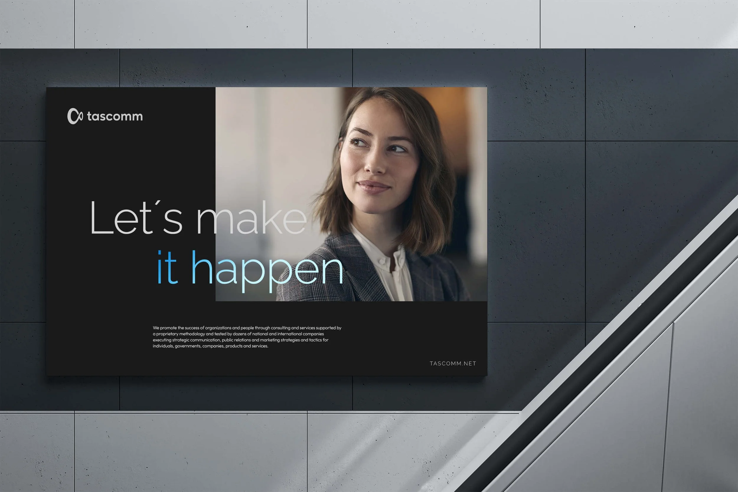 Digital signage brand identity design for a PR and communications agency