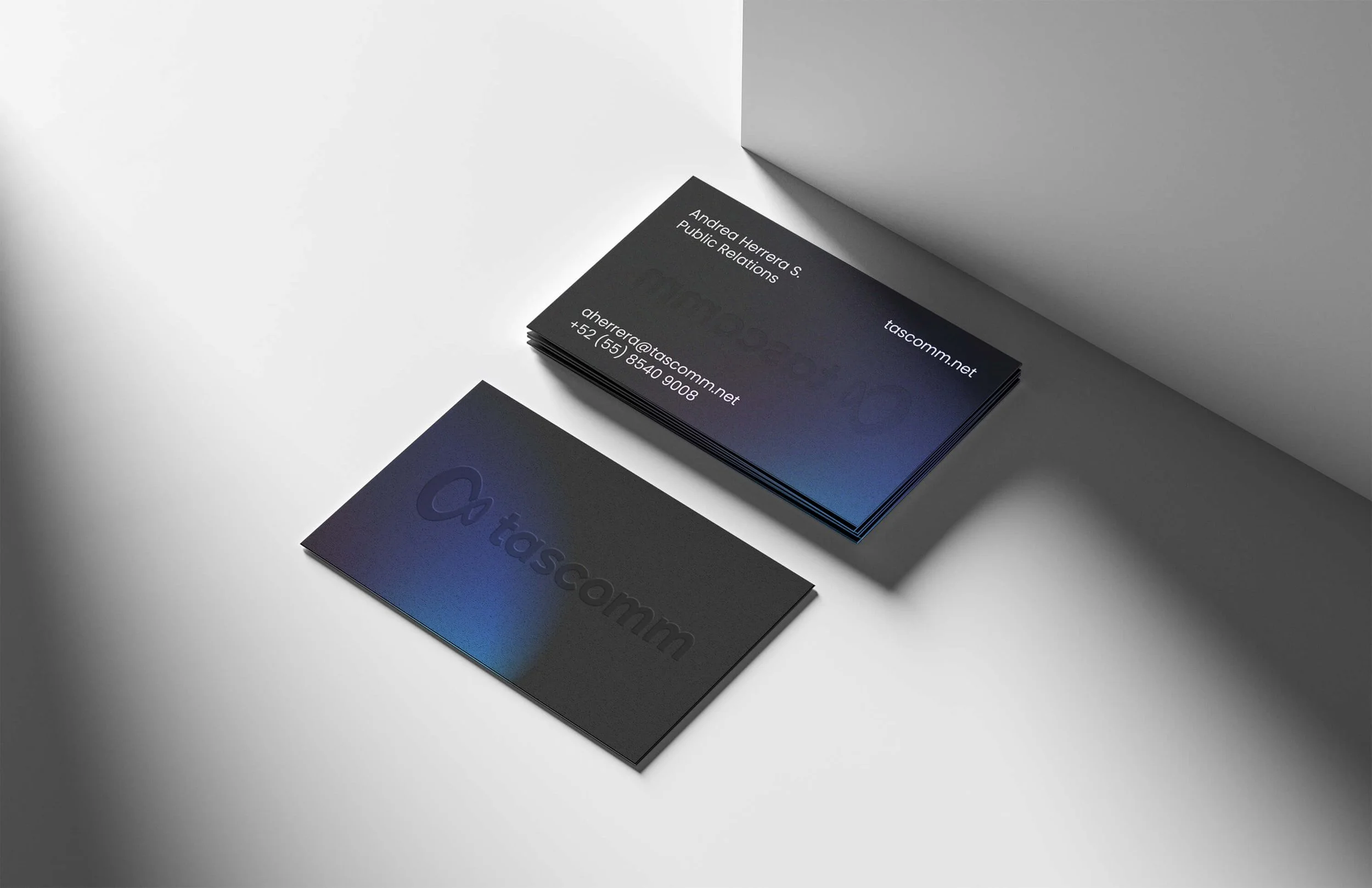 Business card design with dark blue gradient corporate branding