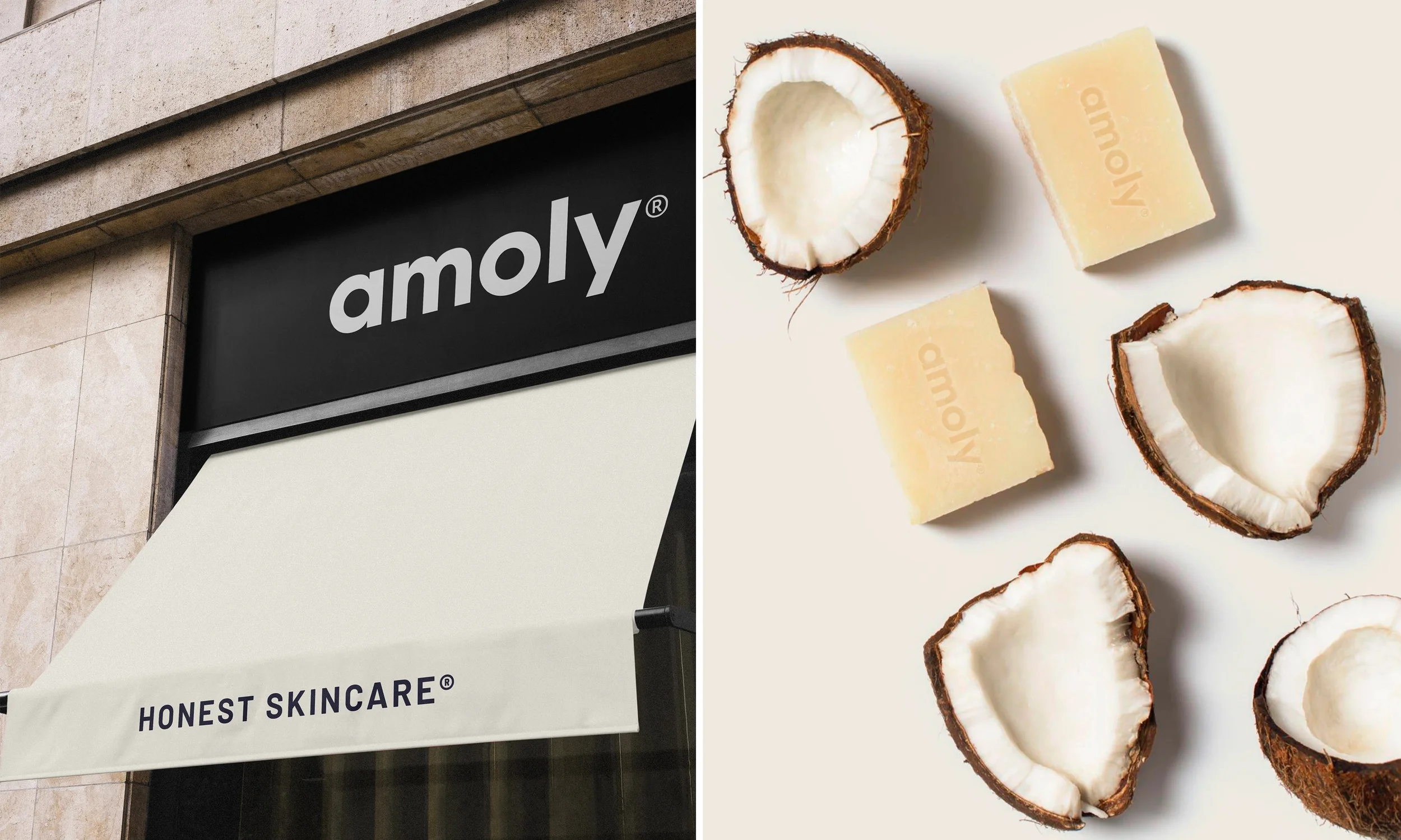 Amoly skincare storefront signage with coconut and soap bar